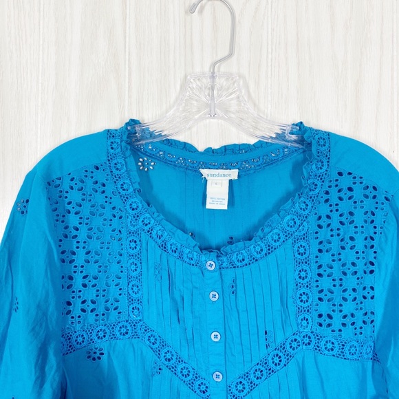 Sundance | Blue Eyelet Cotton Blouse Size Large - Picture 4 of 7